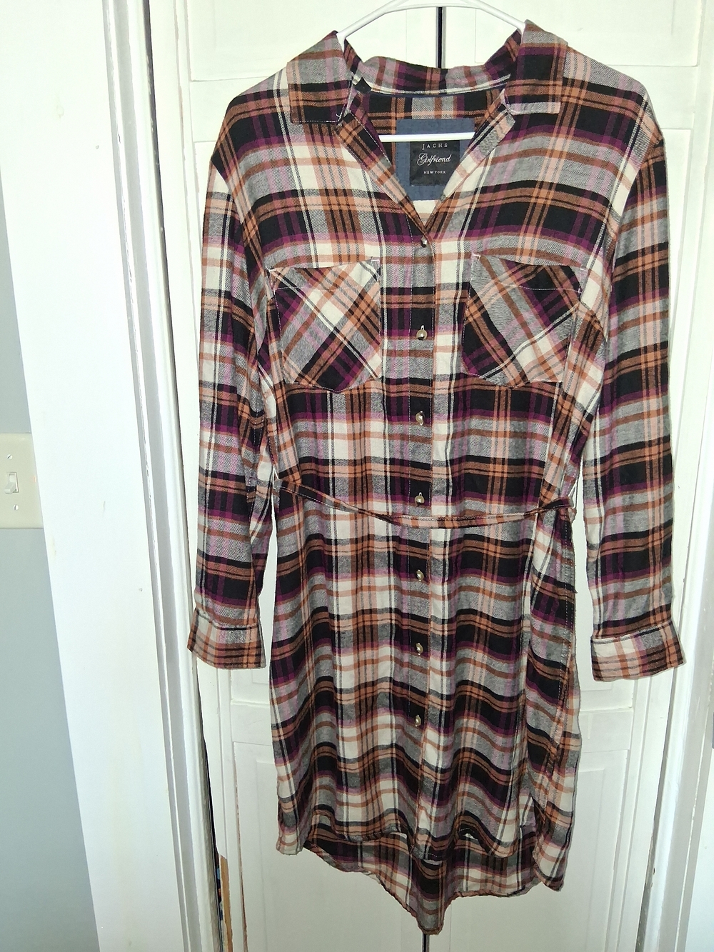 JACHS Girlfriend Burgundy Black Cream Plaid Long-Sleeve Shirt Dress
